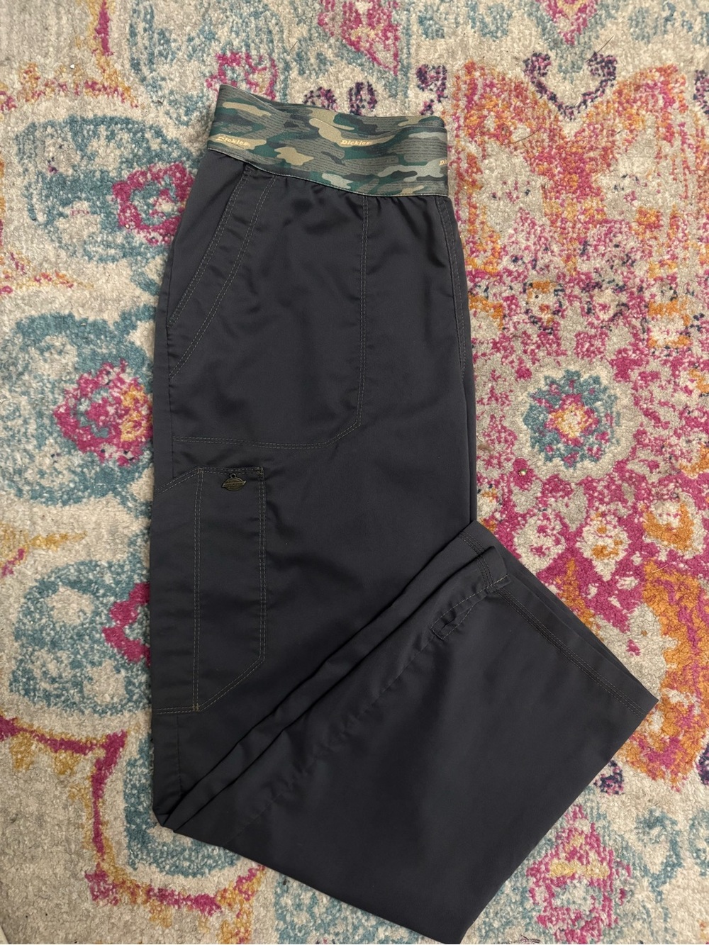Women’s Charcoal Grey Cargo Pants with Camo Waistband - small petite